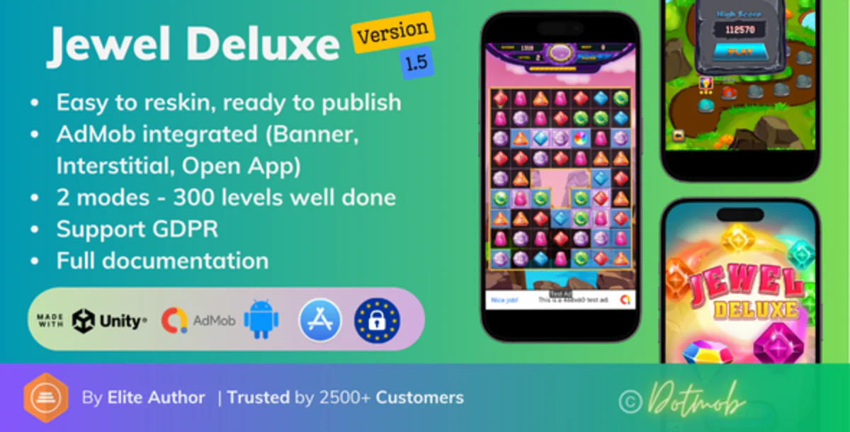 Jewel Deluxe — полноценный проект Unity (Android + iOS + AdMob)